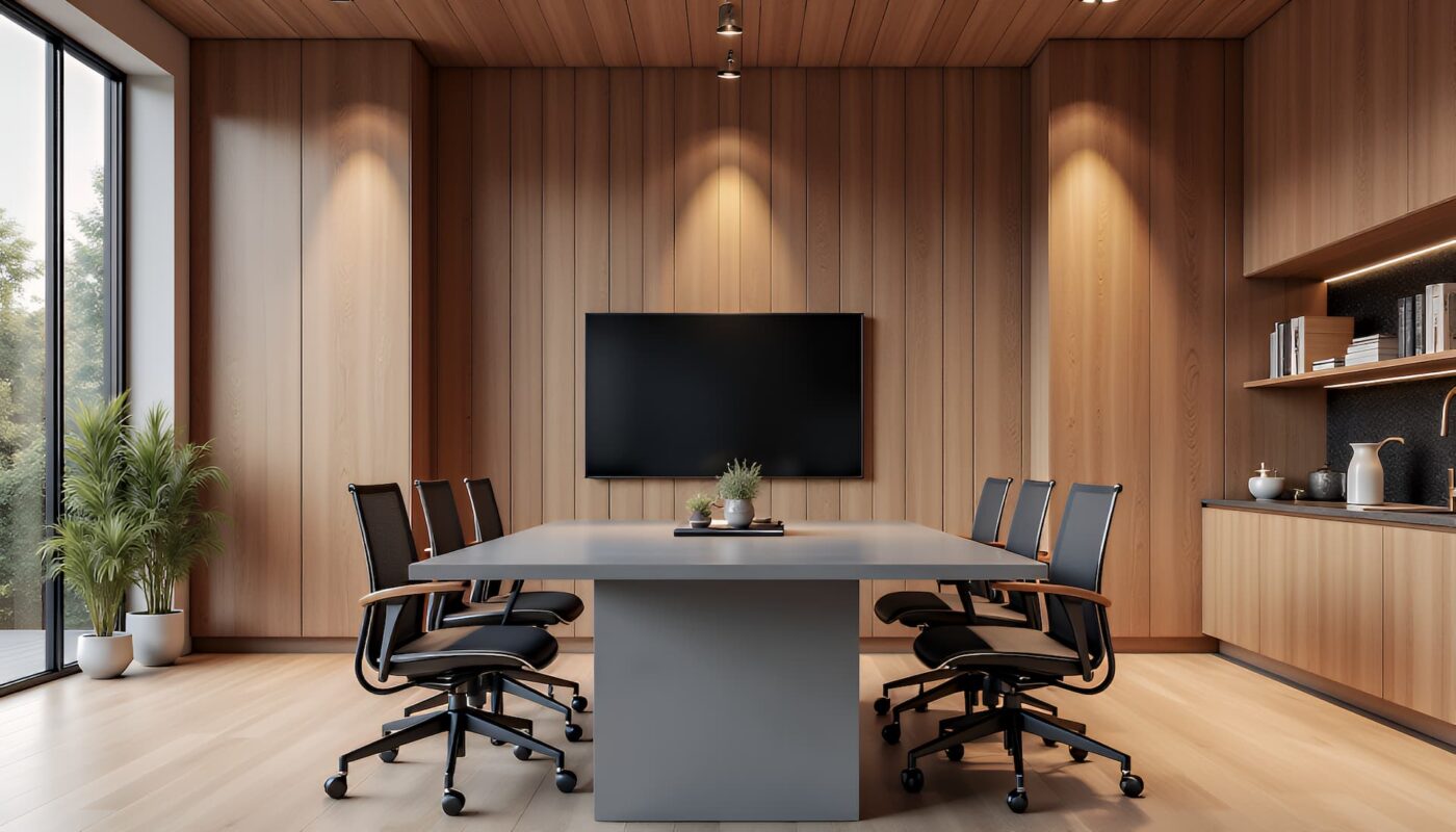 A modern meeting room environment with a meeting table for six people