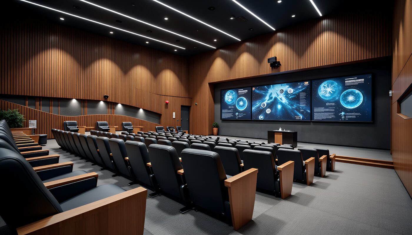 A modern lecture hall with contemporary lighting and aesthetics